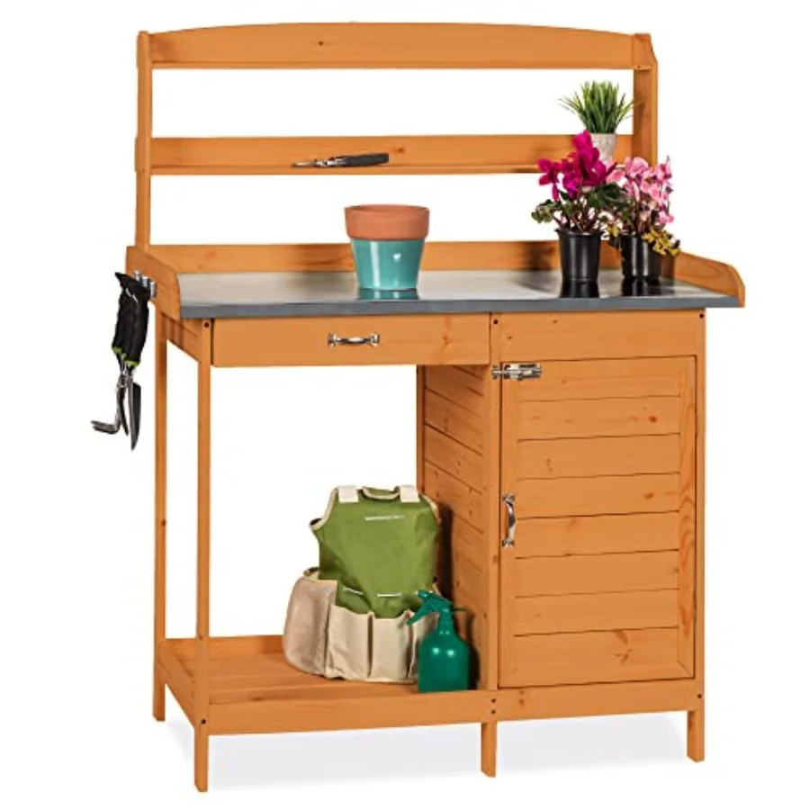 Woodworking Finishing - 실외 정원용 나무 화분 작업대, 금속